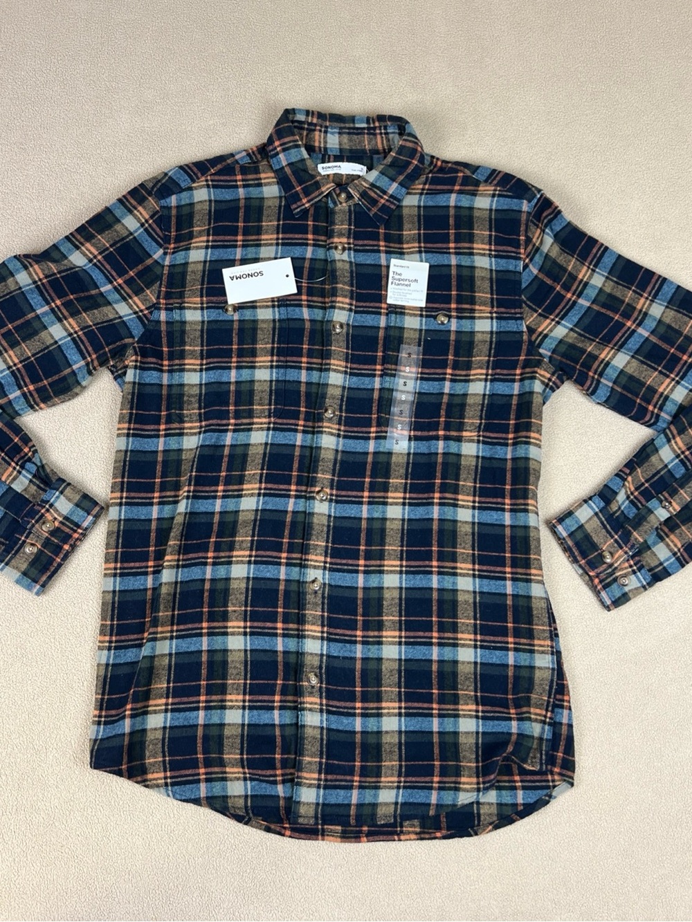 Sonoma The Supersoft Flannel Shirt. 100% Cotton, Plaid. Blue. Men's Sz Small